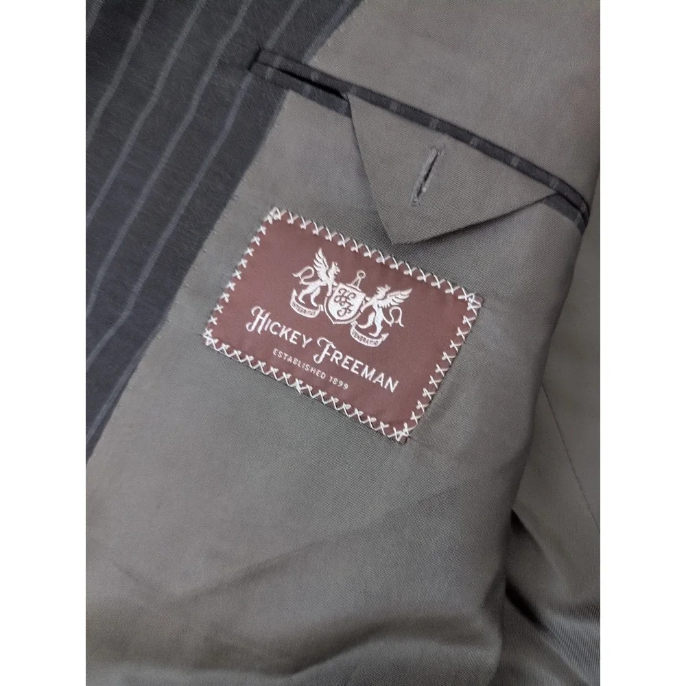 42R‎ Hickey Freeman Modern Fit Charcoal Grey Pinstripe Wool Suit Jacket Made USA